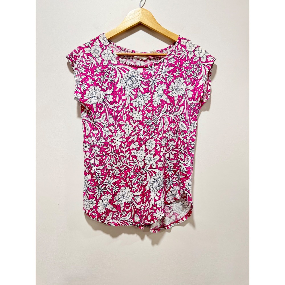 Rachel Ashwell Pink Floral 100% Linen Cap Sleeve Top Small Cottagecore Summer